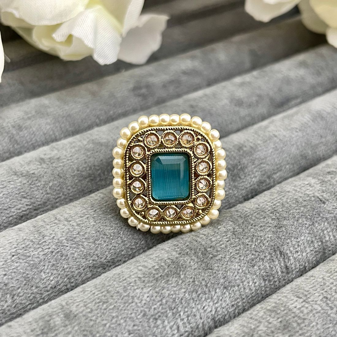 Adjustable Copper Gold-Toned Pearl Embellished Ring