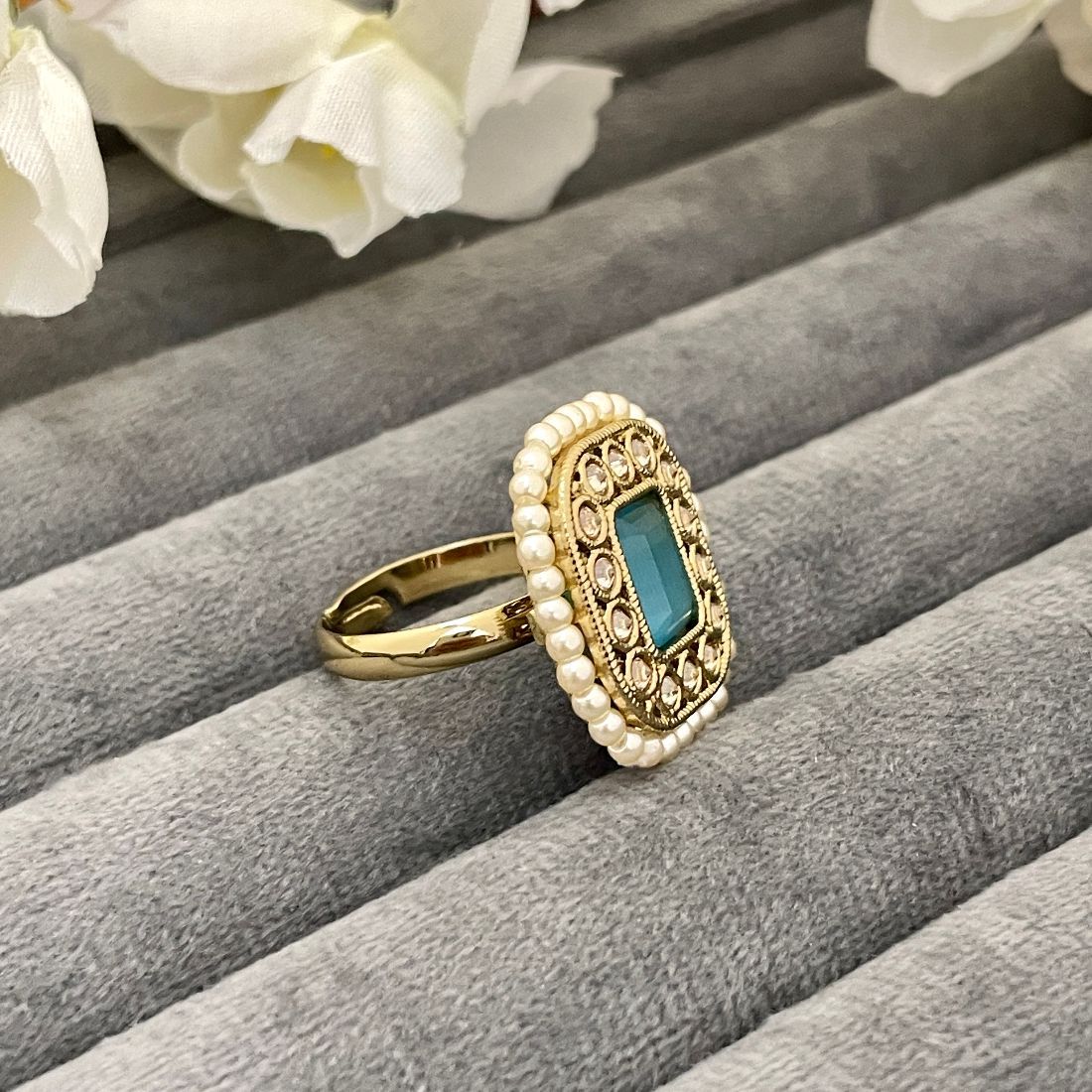 Adjustable Copper Gold-Toned Pearl Embellished Ring