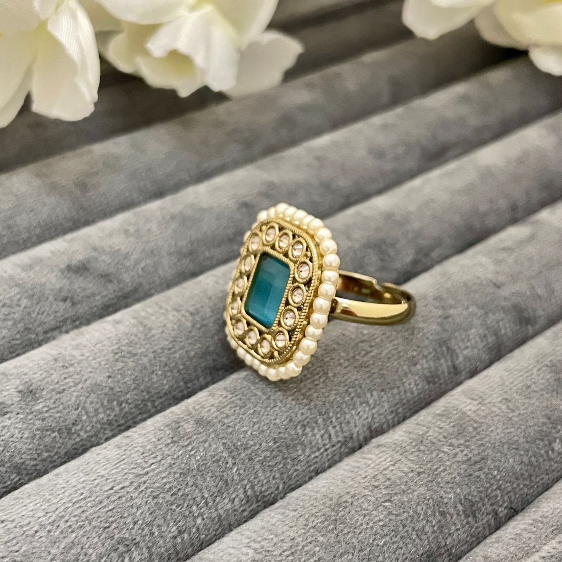 Adjustable Copper Gold-Toned Pearl Embellished Ring