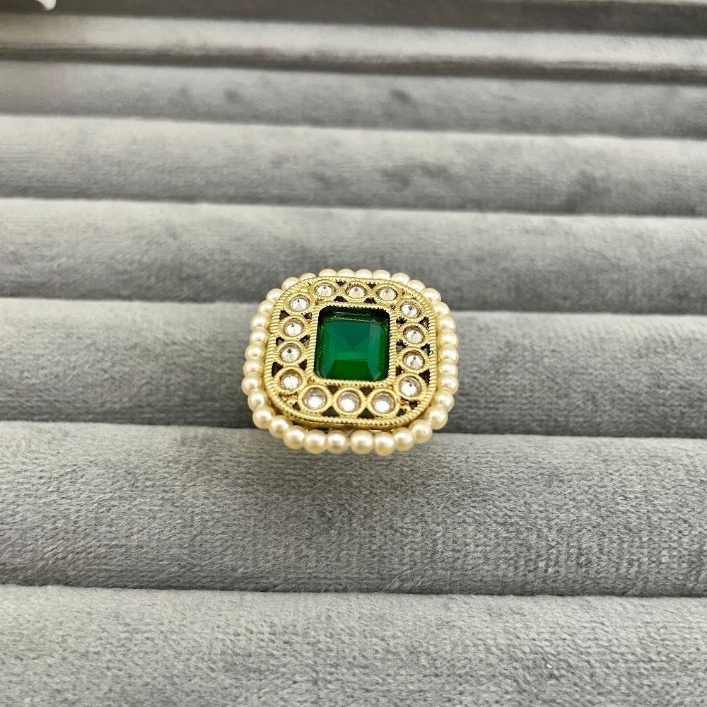Adjustable Copper Gold Antique Pearl Studded Green Ring