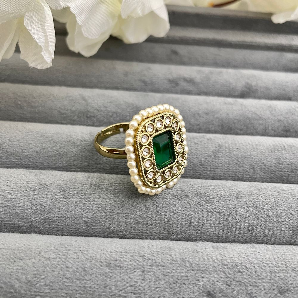 Adjustable Copper Gold Antique Pearl Studded Green Ring