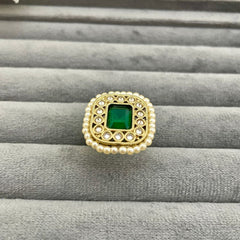 Adjustable Copper Gold Antique Pearl Studded Green Ring