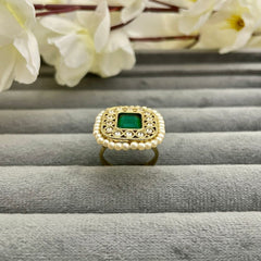 Adjustable Copper Gold Antique Pearl Studded Green Ring