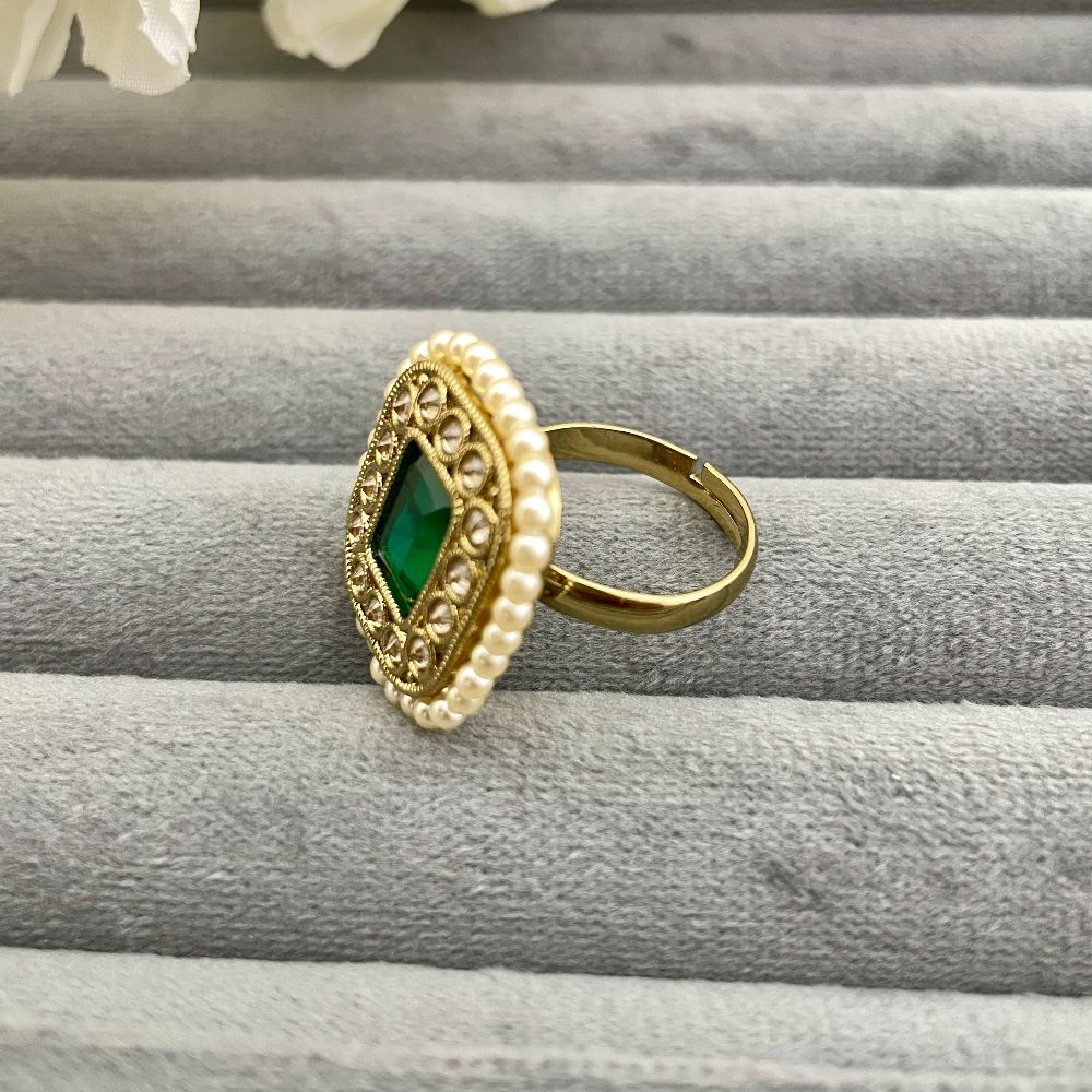 Adjustable Copper Gold Antique Pearl Studded Green Ring