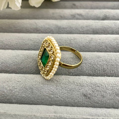 Adjustable Copper Gold Antique Pearl Studded Green Ring