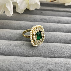Adjustable Copper Gold Antique Pearl Studded Green Ring