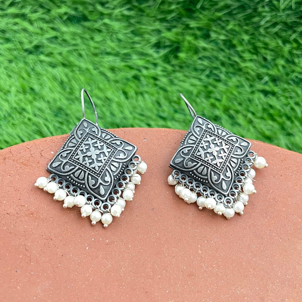 Beads-Studded Silver-Toned Drop Earrings