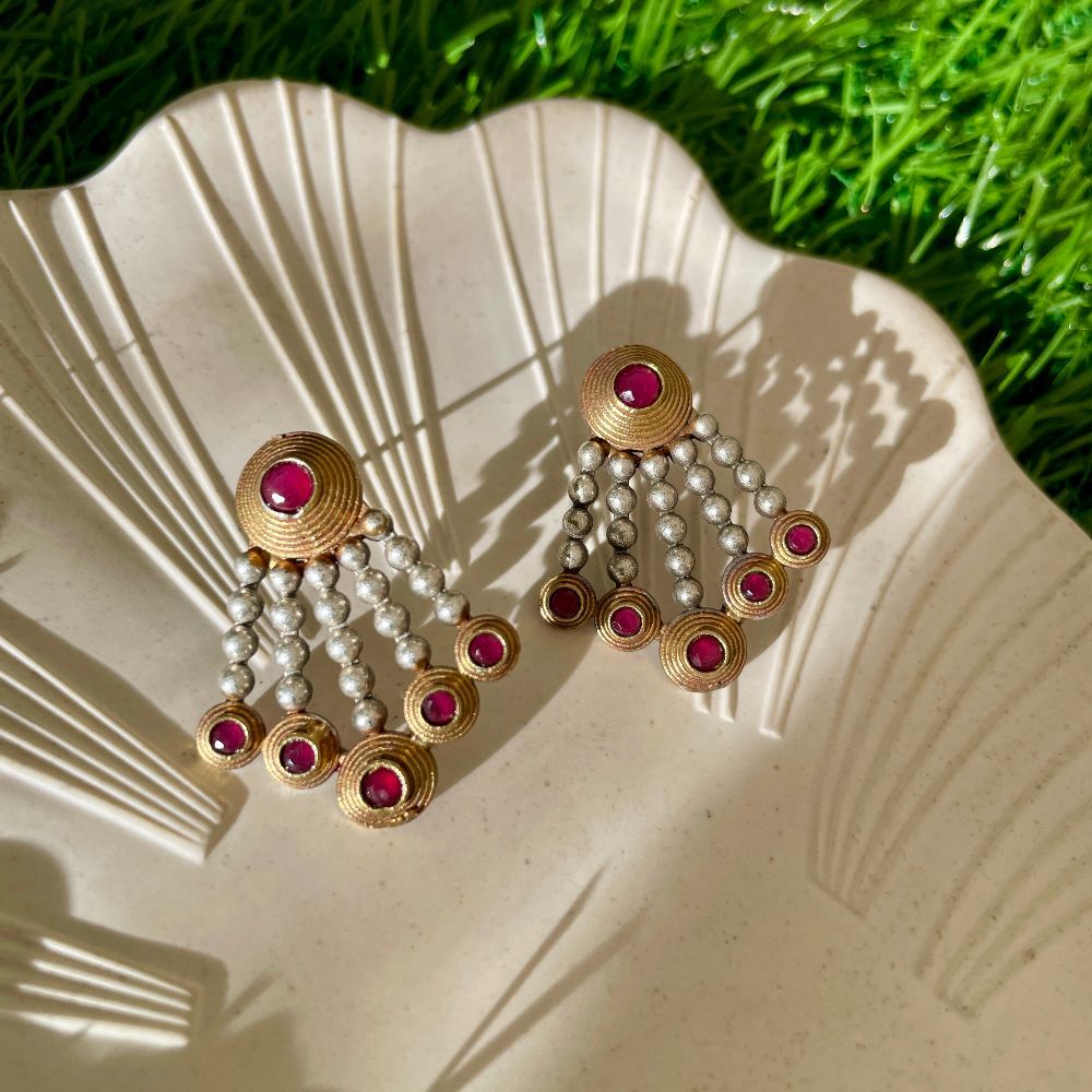 Contemporary Dual-Tone Ruby Studded Drop Earrings