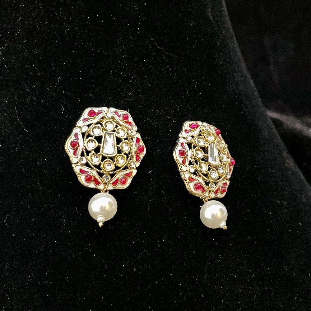 Contemporary Stone-Studded Meenakari Pearl Drop Earrings