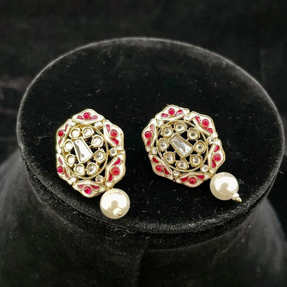 Contemporary Stone-Studded Meenakari Pearl Drop Earrings