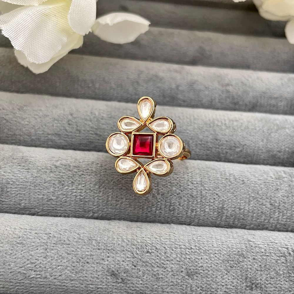 Gold-Plated Adjustable Kundan Ring
