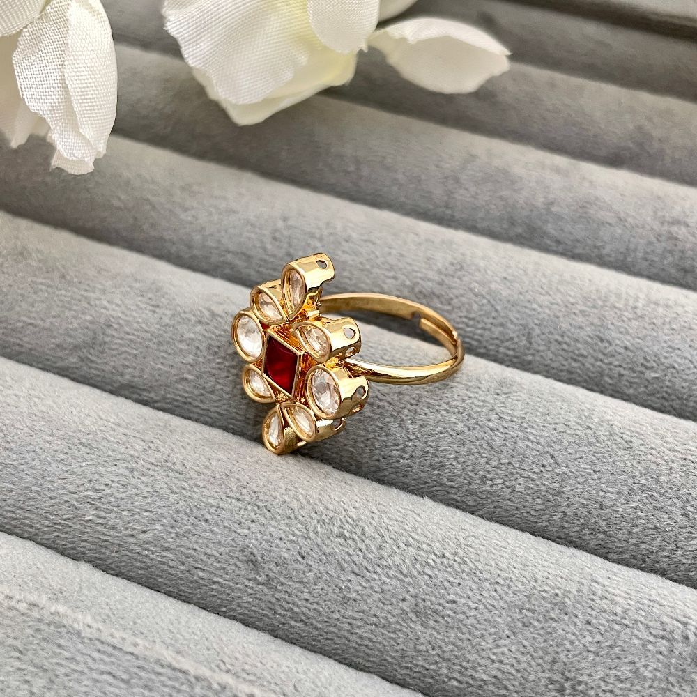 Gold-Plated Adjustable Kundan Ring