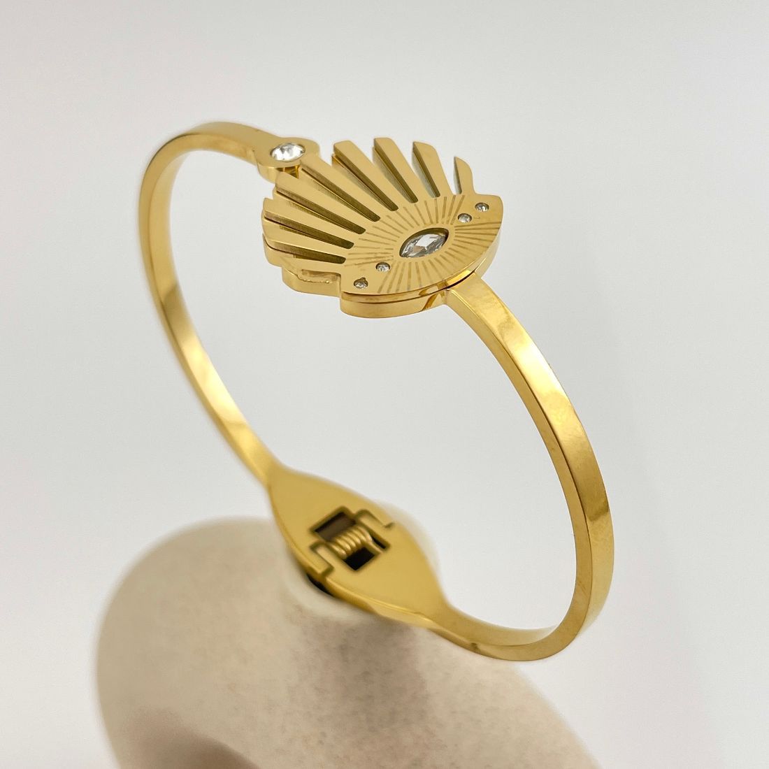 Gold-Plated Cubic Zirconia Evil Eye Handcuff Kada Bracelet