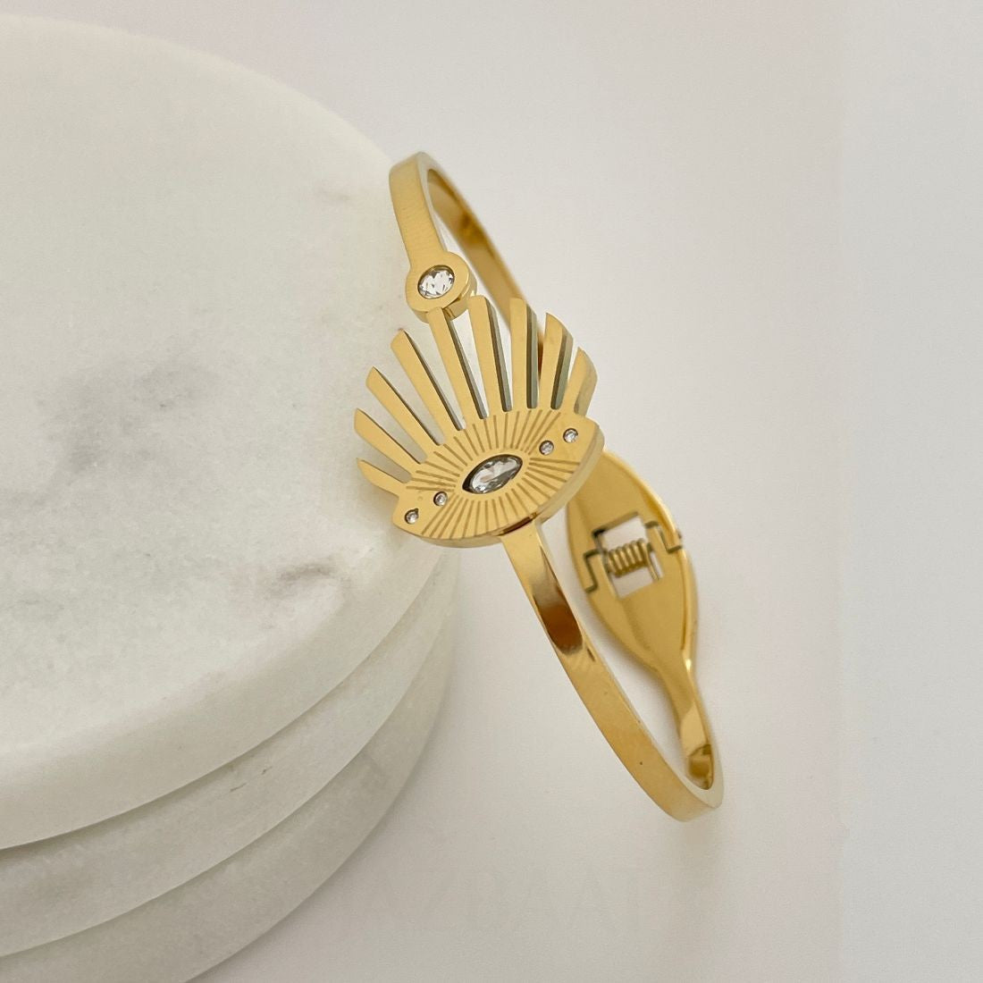 Gold-Plated Cubic Zirconia Evil Eye Handcuff Kada Bracelet