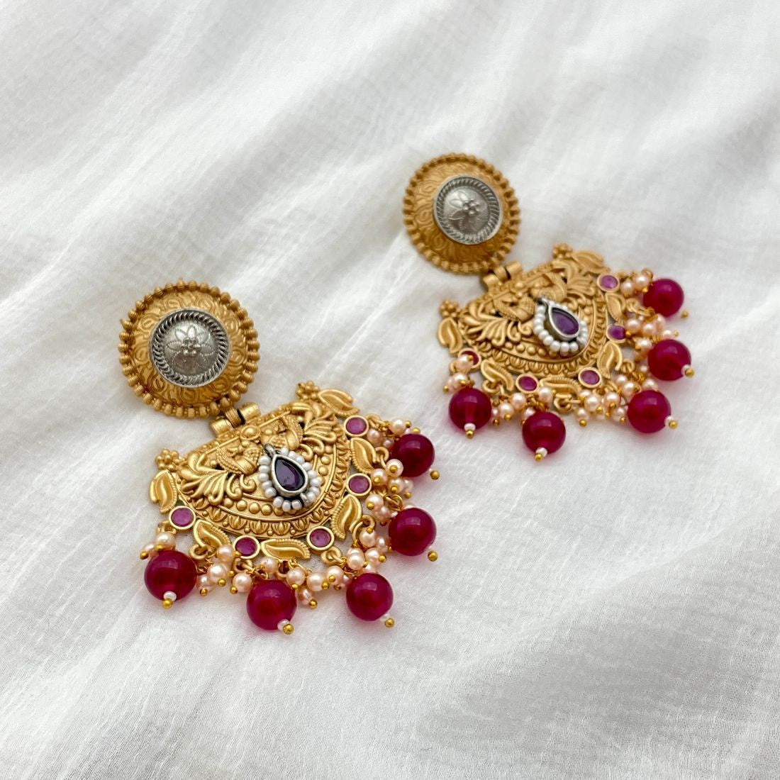 Gold-Plated Peacock Design Temple Earrings