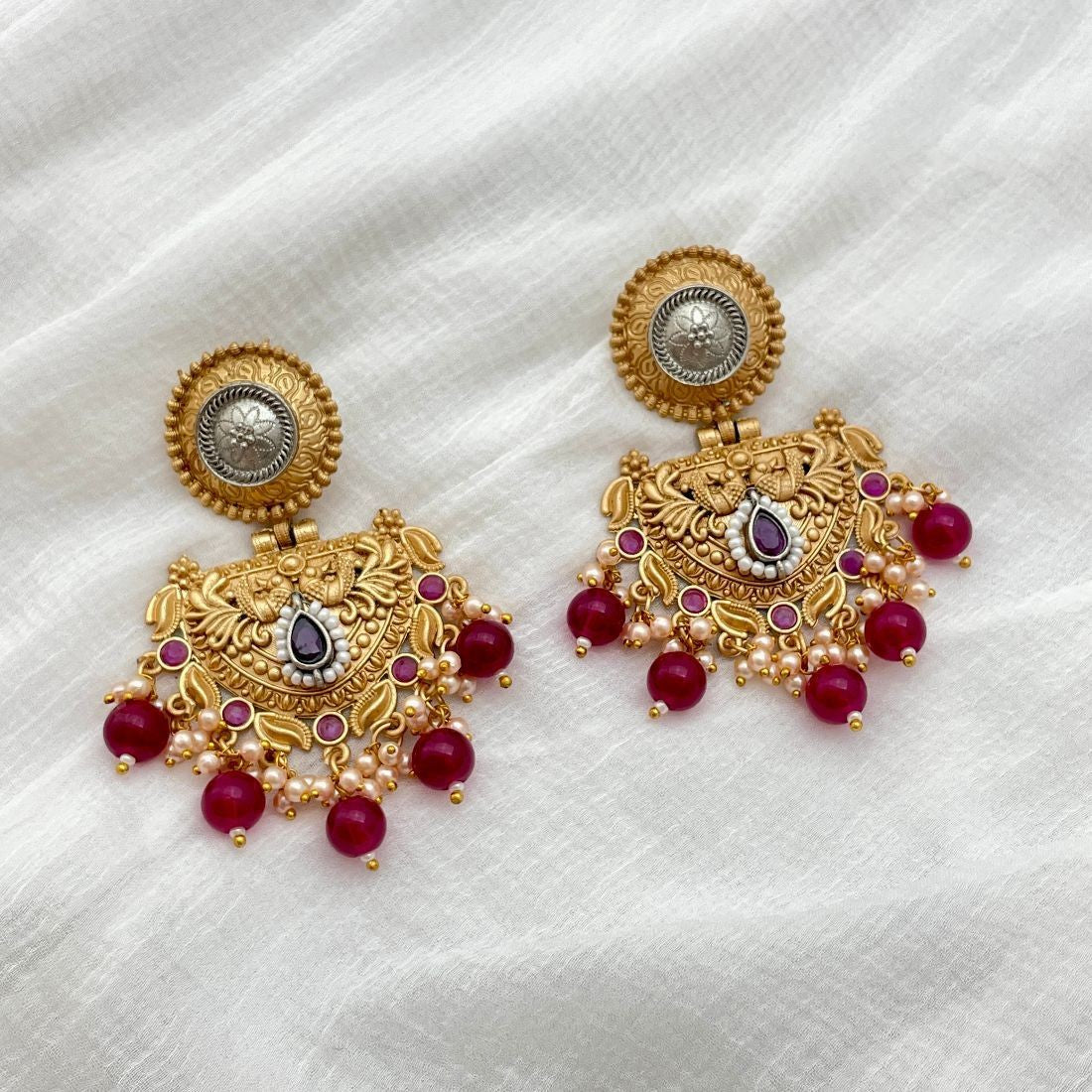 Gold-Plated Peacock Design Temple Earrings