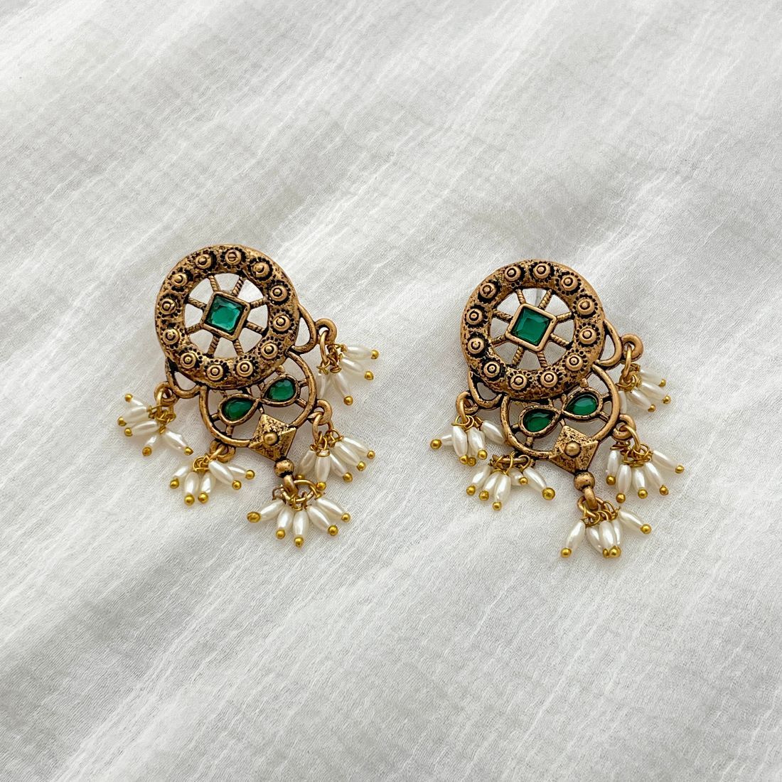 Gold-Toned Antique Green Stone Guttapusalu Earrings