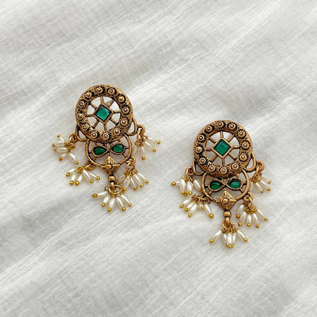 Gold-Toned Antique Green Stone Guttapusalu Earrings