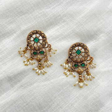 Gold-Toned Antique Green Stone Guttapusalu Earrings