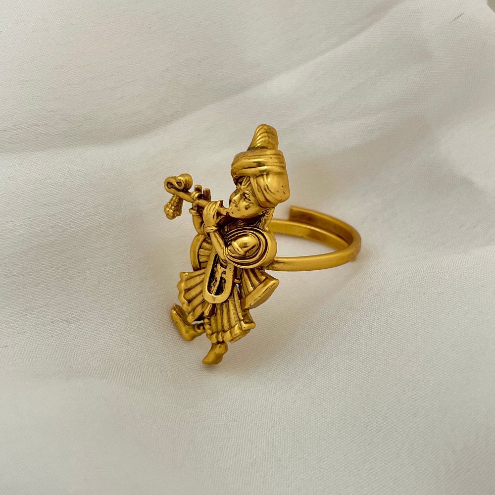 Gold-Toned Krishna Playing Flute Adjustable Temple Ring
