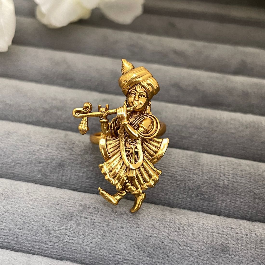 Gold-Toned Krishna Playing Flute Adjustable Temple Ring