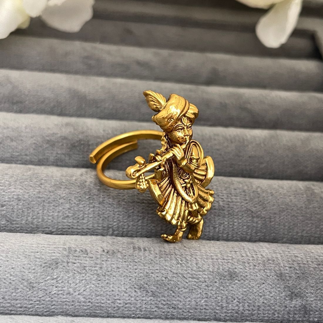 Gold-Toned Krishna Playing Flute Adjustable Temple Ring