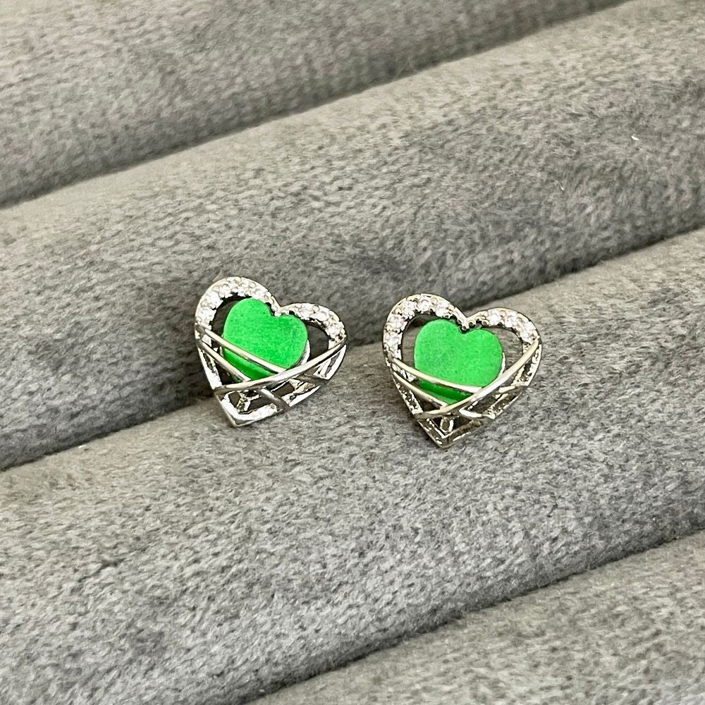 Heart-Shaped Green Crystal Korean Earrings