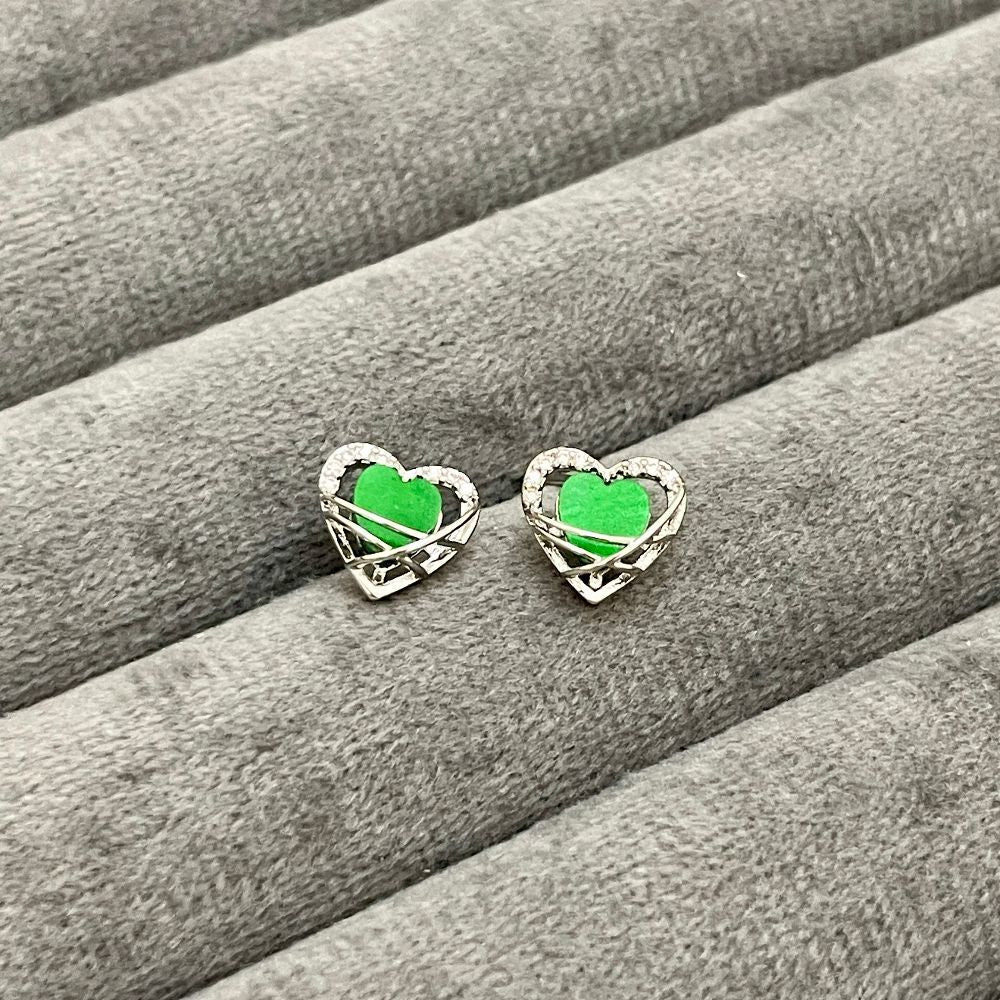 Heart-Shaped Green Crystal Korean Earrings