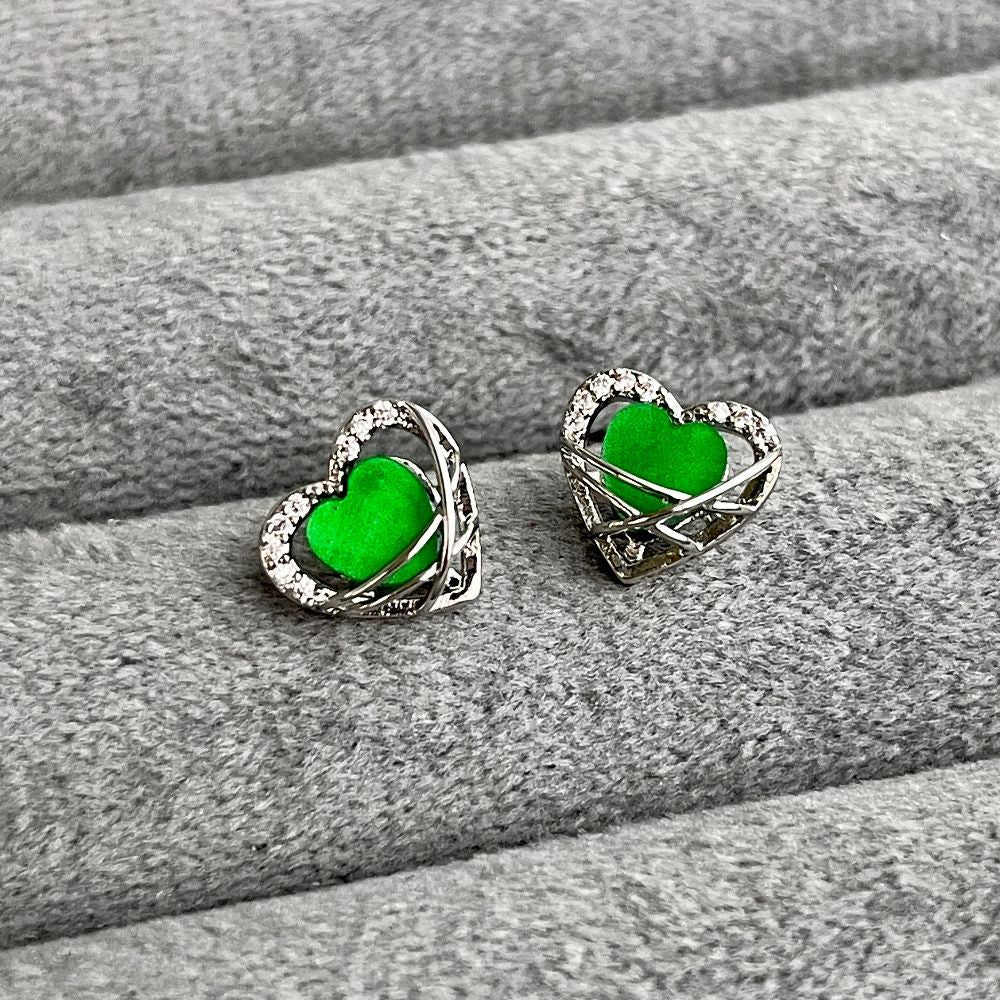 Heart-Shaped Green Crystal Korean Earrings