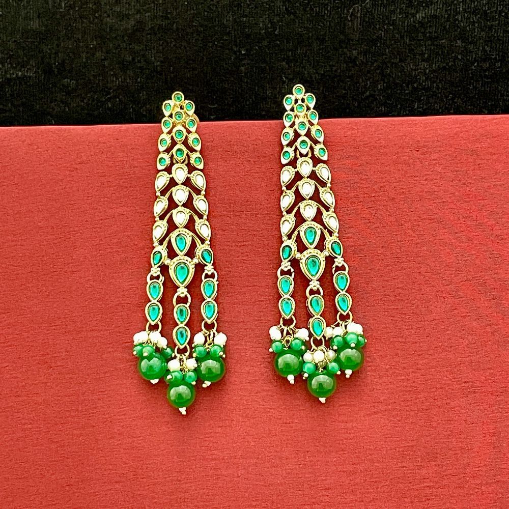 Indo-Western Green Beads Kundan Long Dangler Earrings