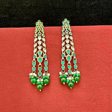 Indo-Western Green Beads Kundan Long Dangler Earrings