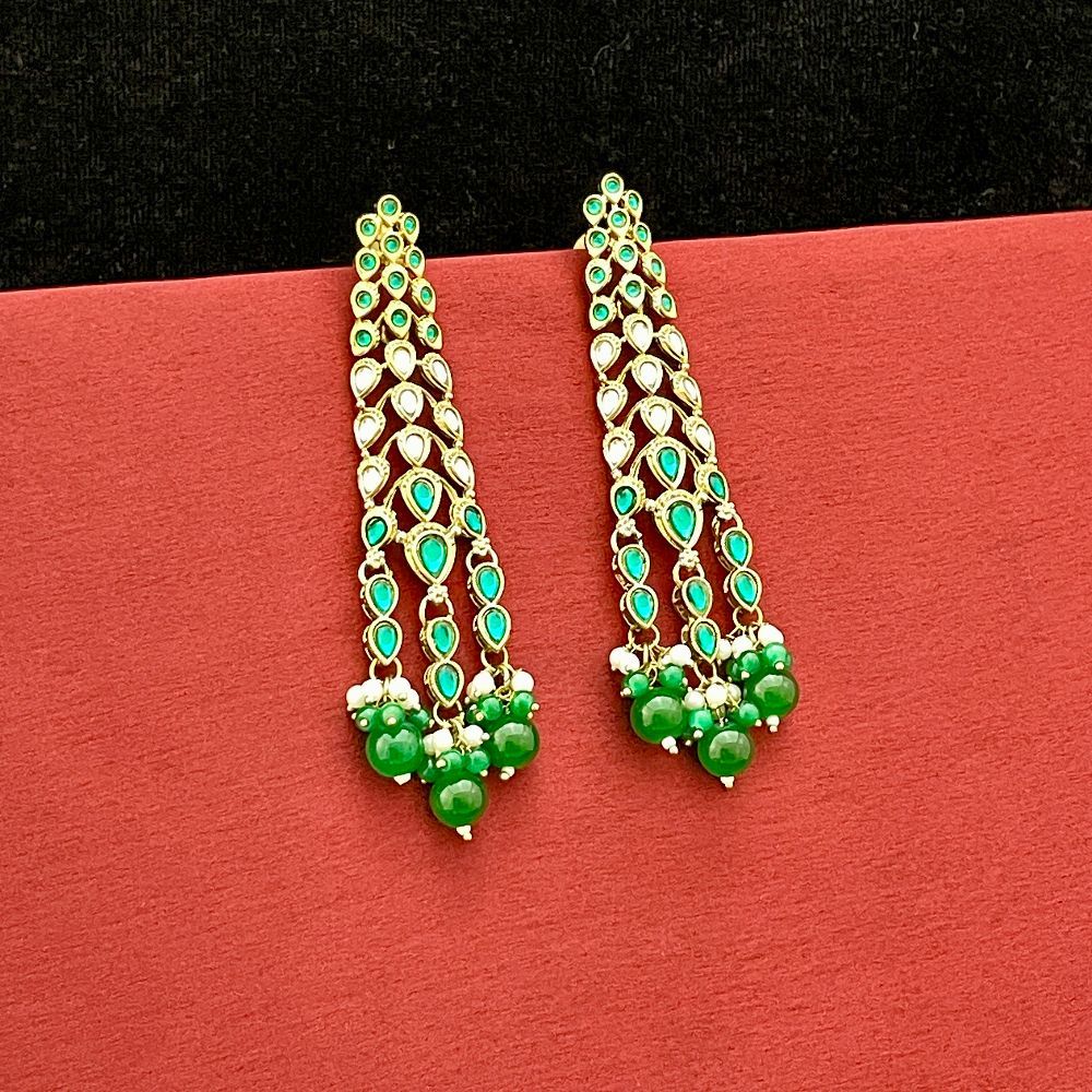 Indo-Western Green Beads Kundan Long Dangler Earrings