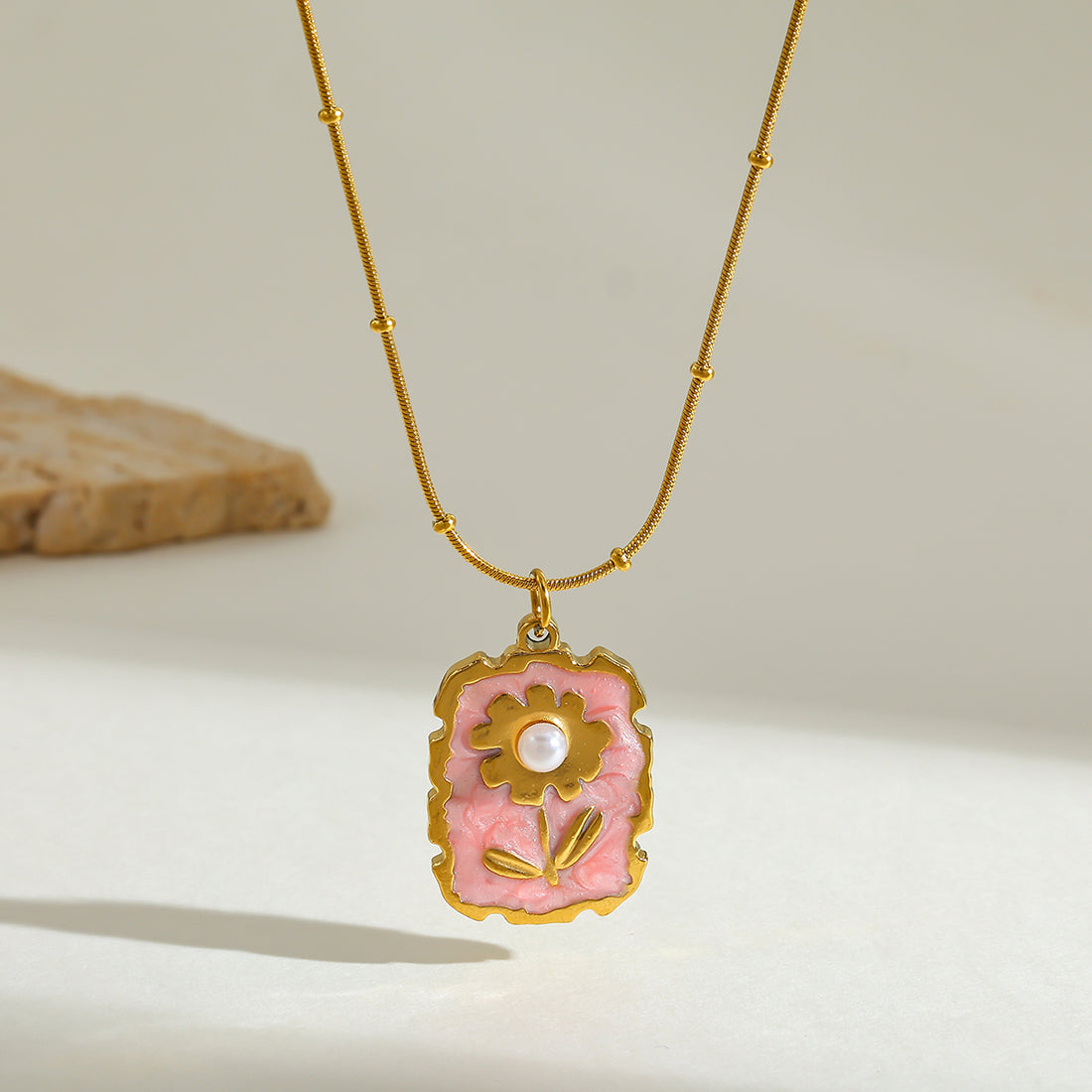 Jazbaat 18K Gold-Plated Pearl-Embedded Flower Enamel Pendant Necklace