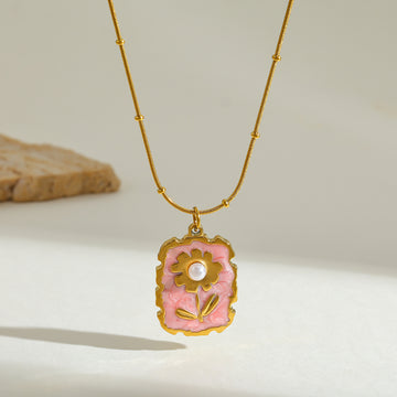 Jazbaat 18K Gold-Plated Pearl-Embedded Flower Enamel Pendant Necklace