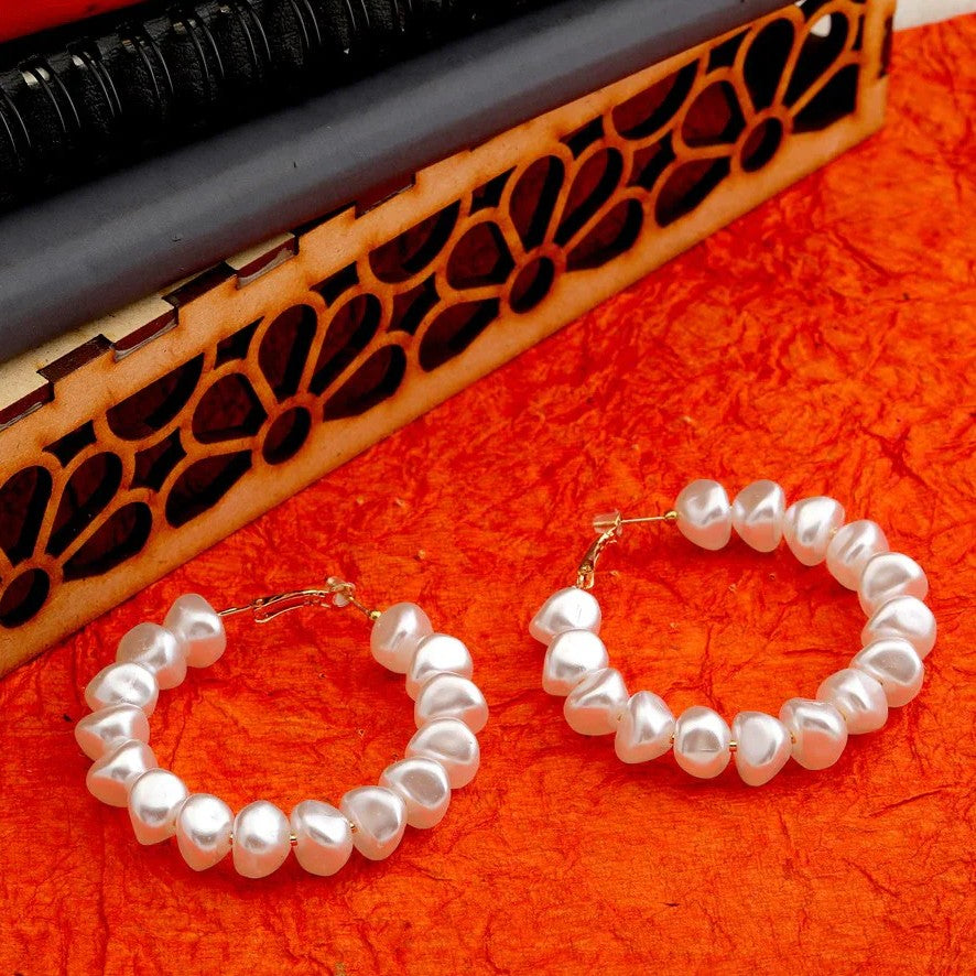 Jazbaat White Baroque Pearl Studded Korean Hoop Earrings