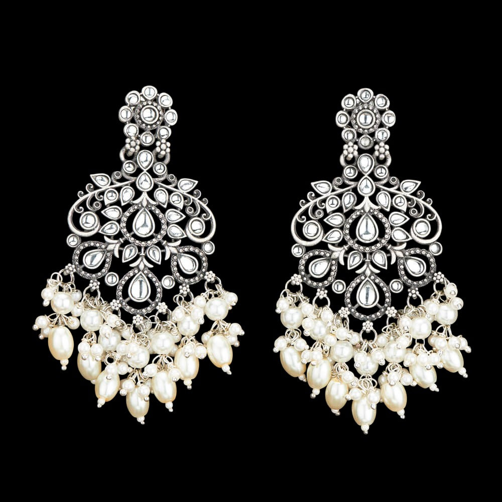 Jazbaat Black-Plated Kundan Studded White Pearl Beaded Dangler Earrings