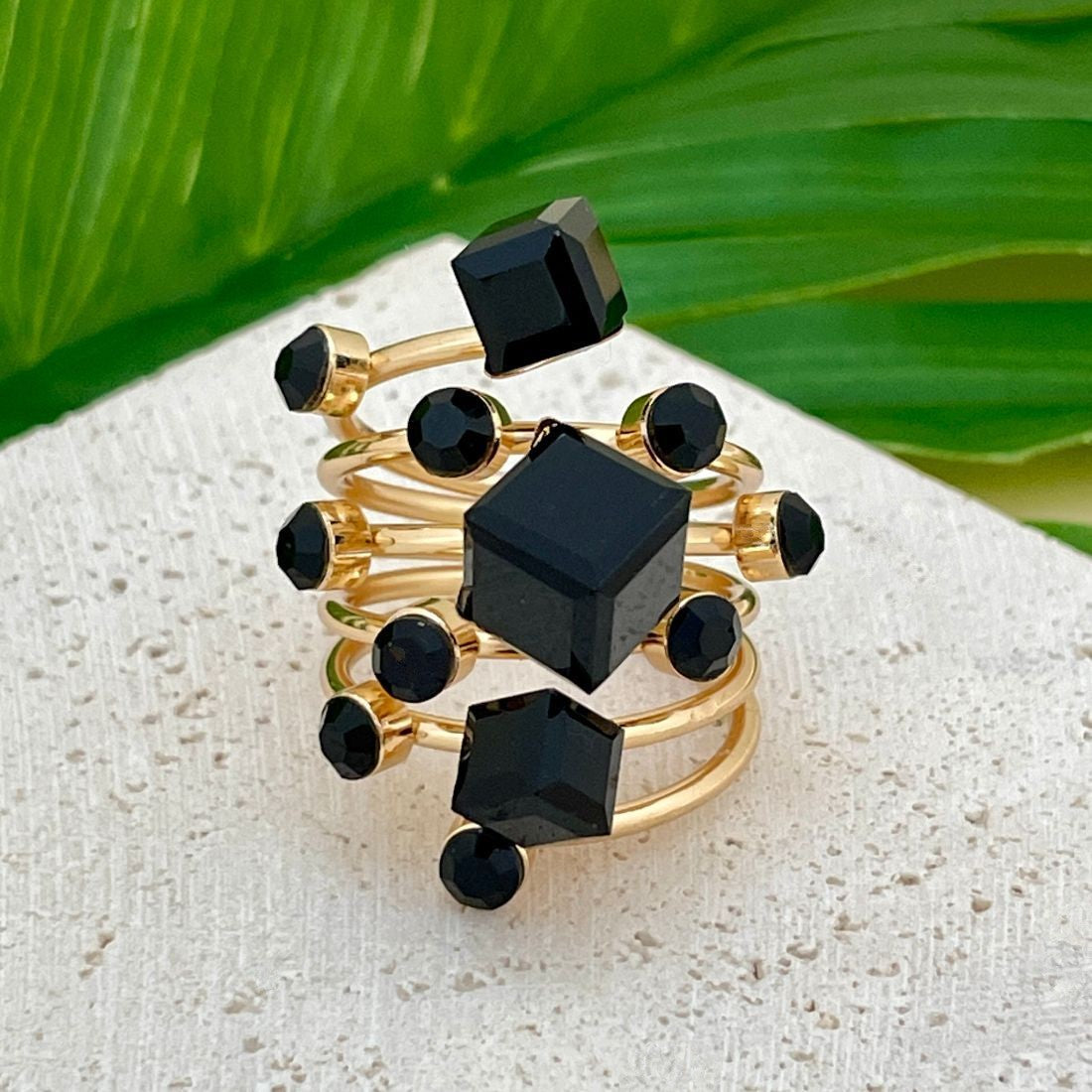 Jazbaat Black Stone-Studded Multi-Layer Ring