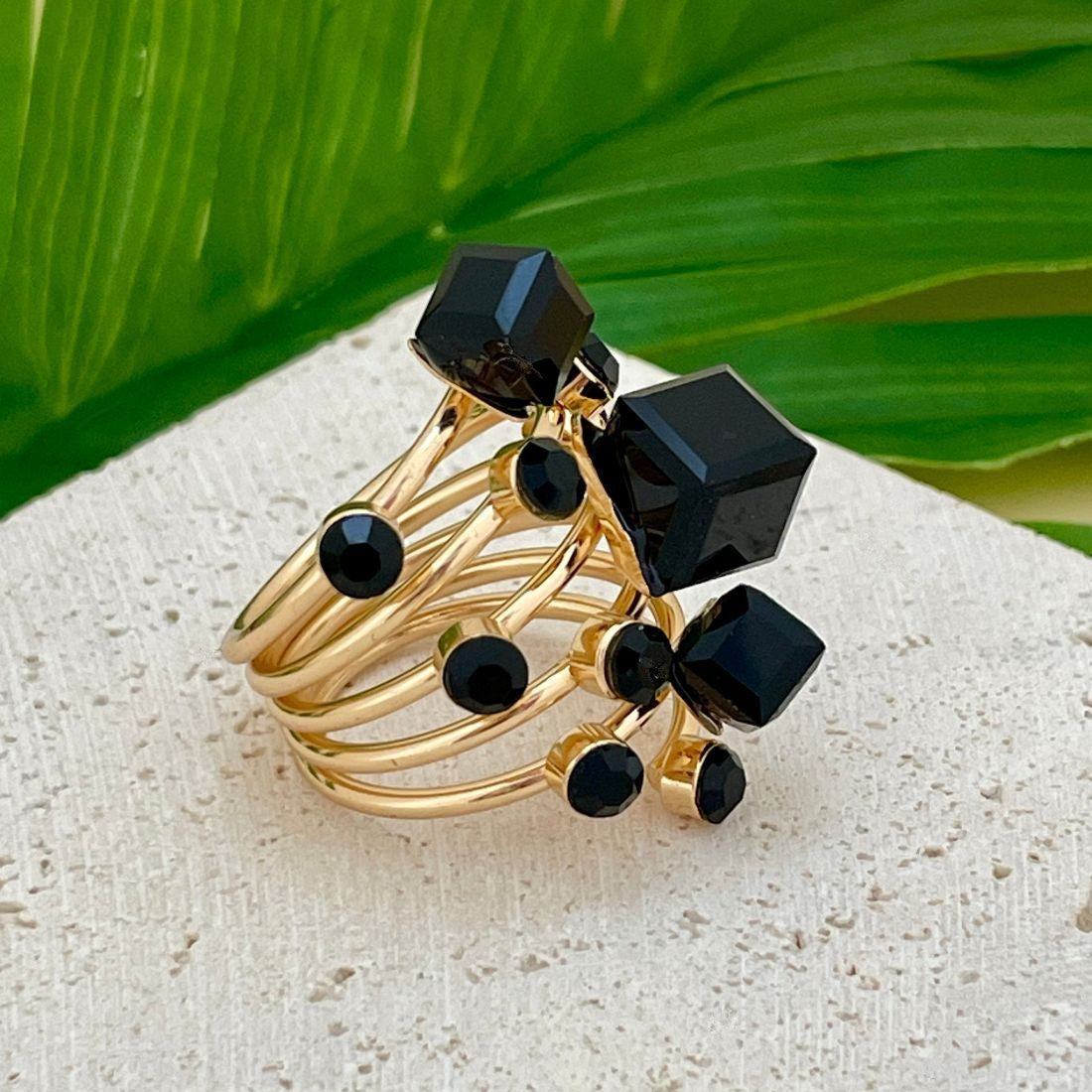 Jazbaat Black Stone-Studded Multi-Layer Ring