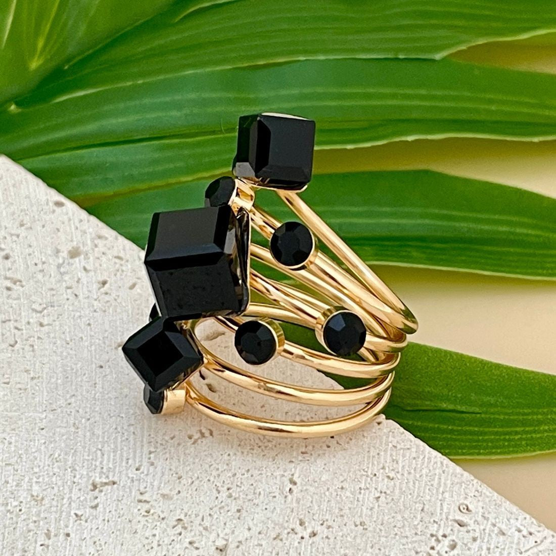 Jazbaat Black Stone-Studded Multi-Layer Ring