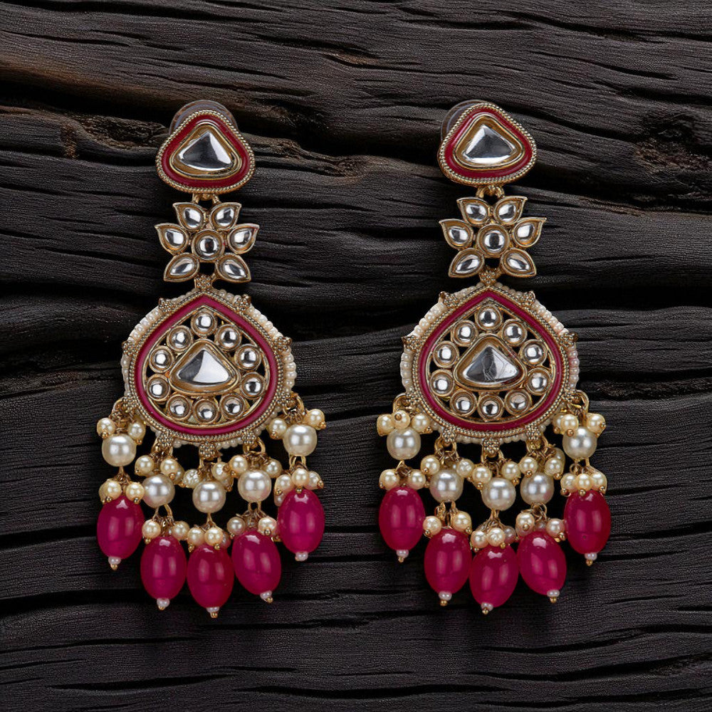 Jazbaat Copper Gold-Plated Kundan Studded Pearl Beaded Meenakari Earrings - Pink