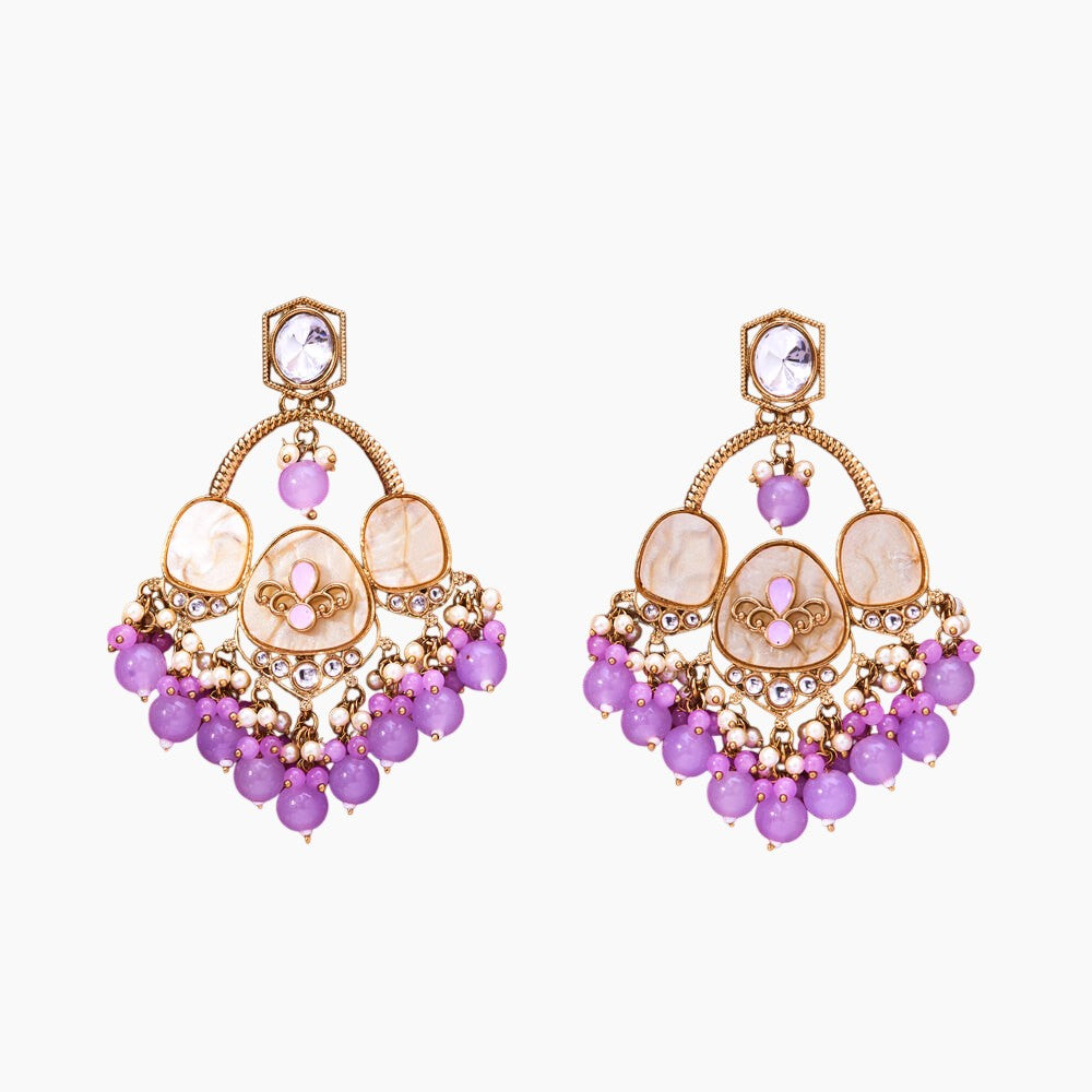 Jazbaat Copper Gold Meenakari Pearl Beaded Dangler Earrings - Light Purple