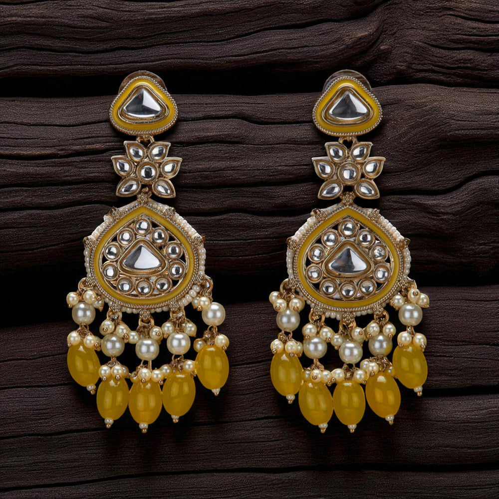 Jazbaat Copper Gold Pearl Beaded Kundan Studded Meenakari Earrings - Yellow