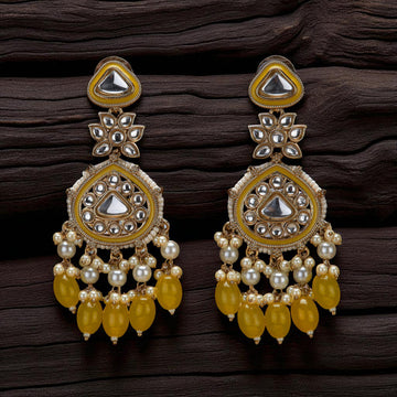 Jazbaat Copper Gold Pearl Beaded Kundan Studded Meenakari Earrings - Yellow