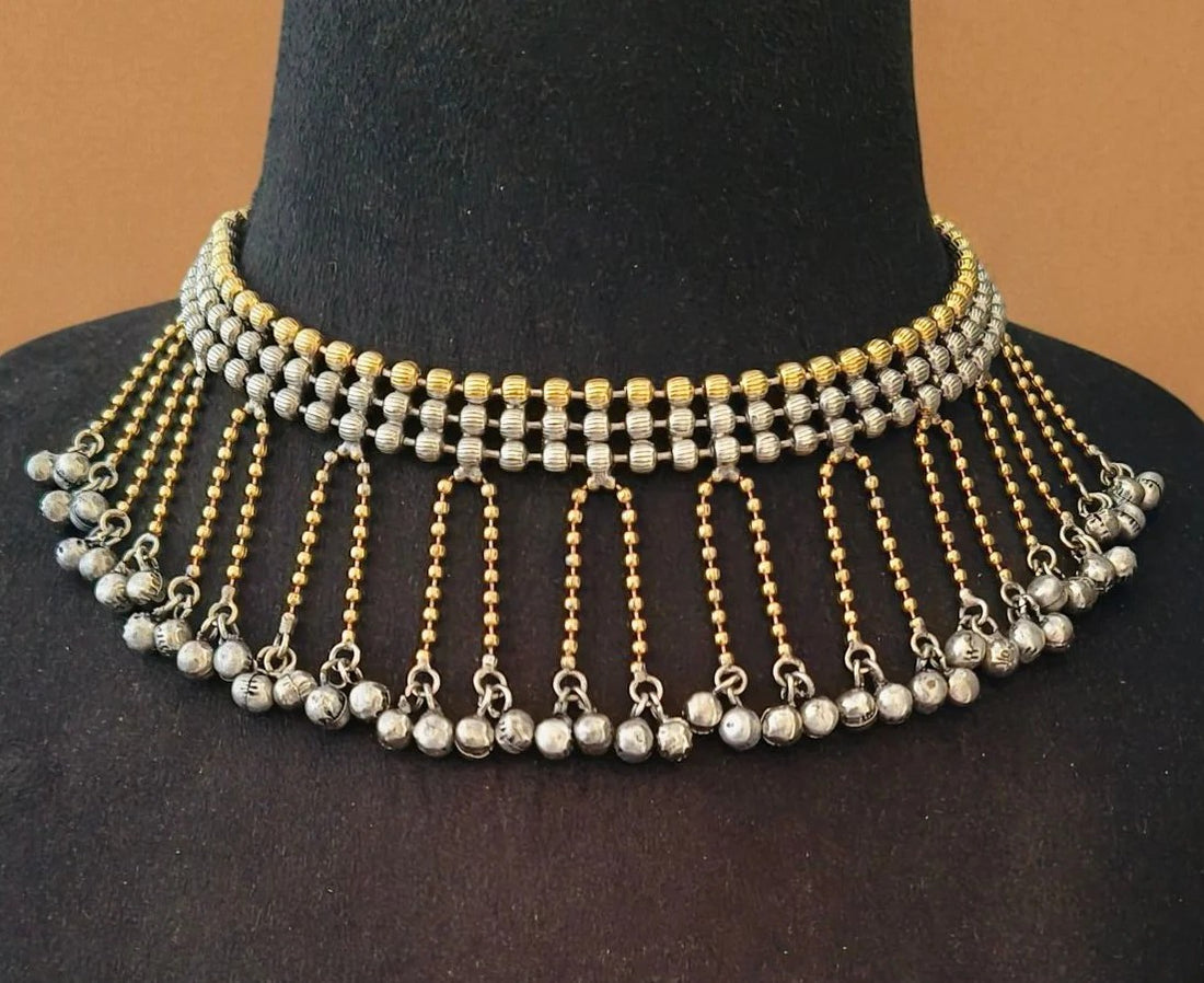 Jazbaat Dual-Tone Designer Silver & Gold-Plated Tassel Choker Necklace