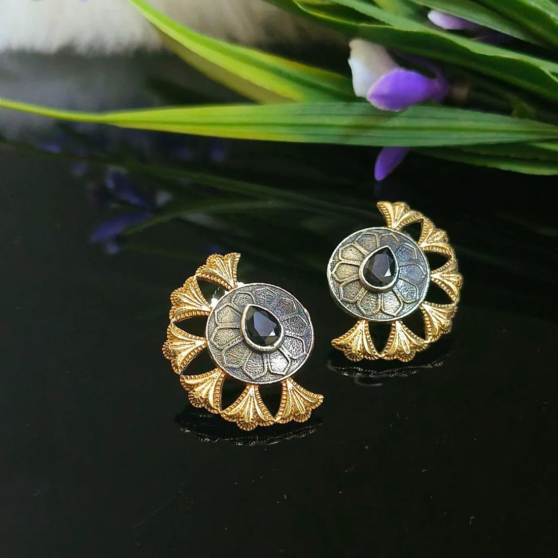 Jazbaat Dual-Tone Floral Design Stone-Studded Oxidised Earrings