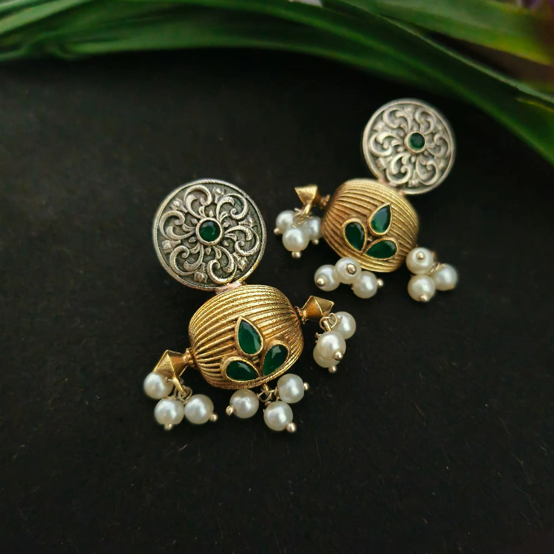 Jazbaat Dual-Tone Oxidised Partywear Pearl & Stone Embellished Earrings