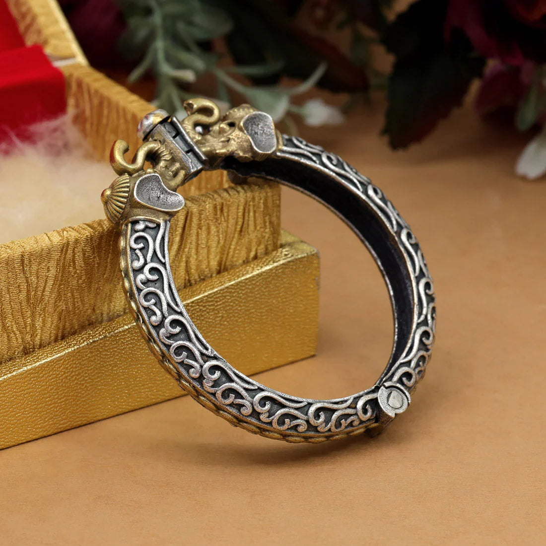 Jazbaat Dual Tone Oxidised Silver Elephant Motif Openable Kada Bangle