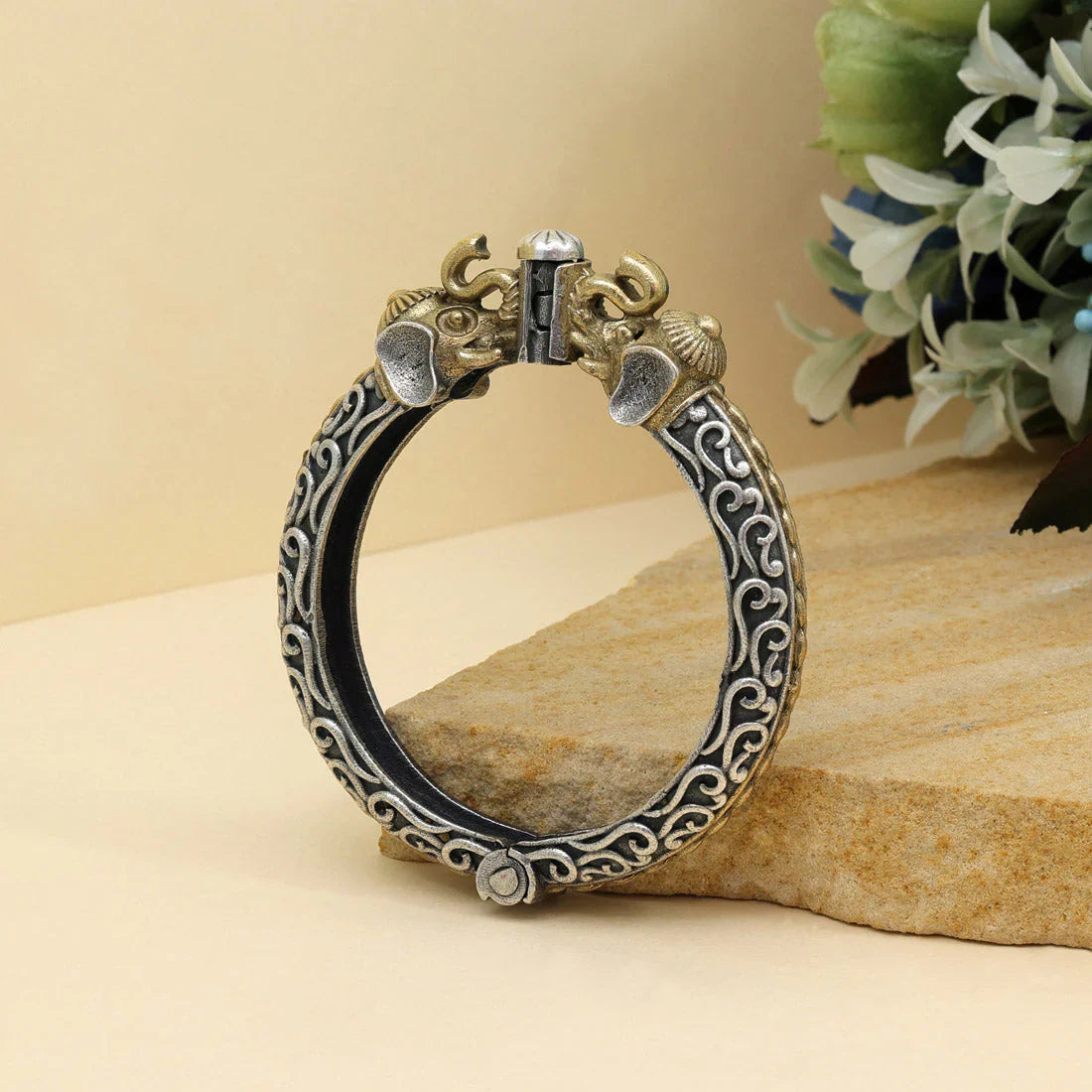 Jazbaat Dual Tone Oxidised Silver Elephant Motif Openable Kada Bangle