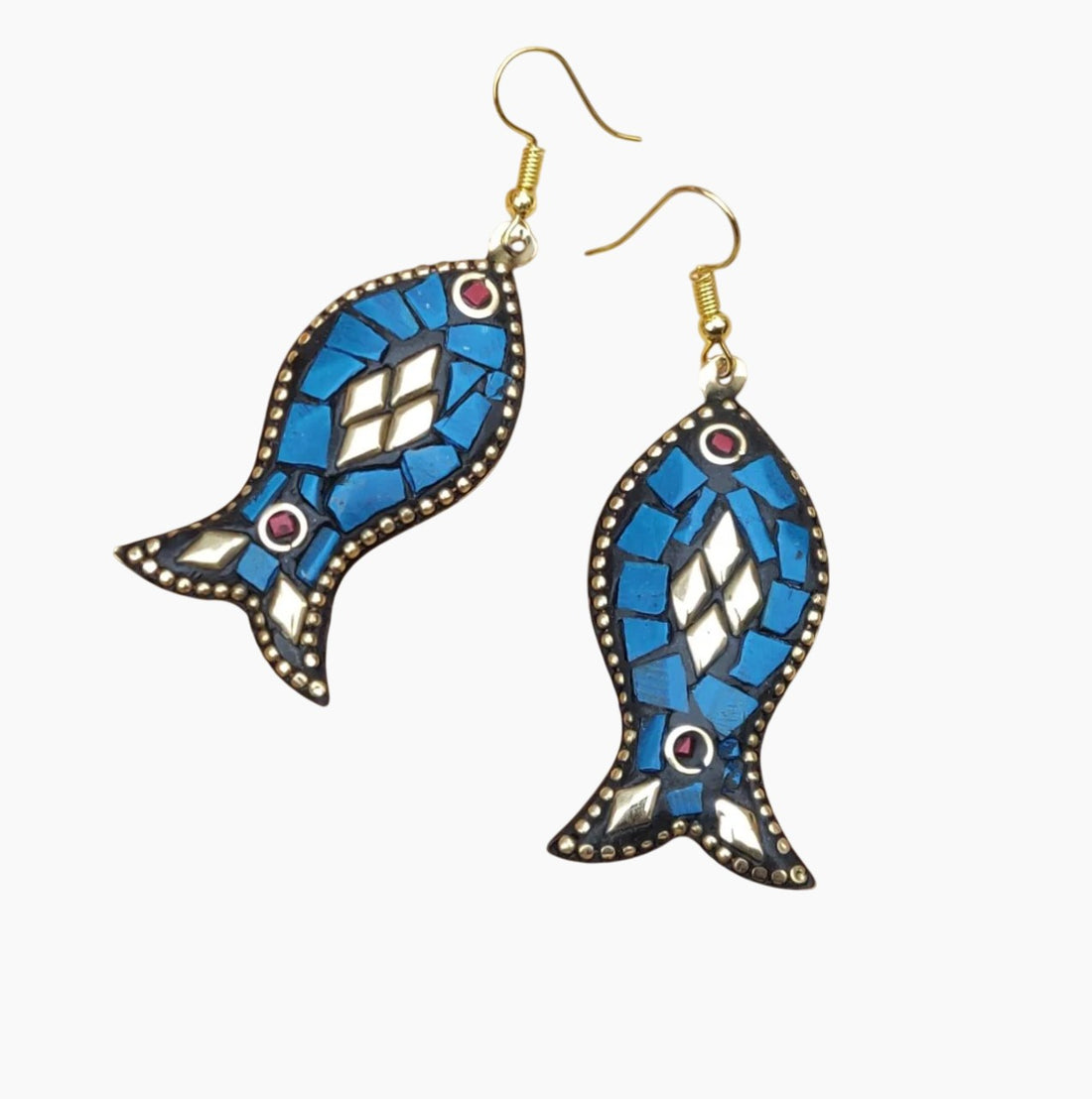 Jazbaat Blue fish-shaped earrings with mosaic design