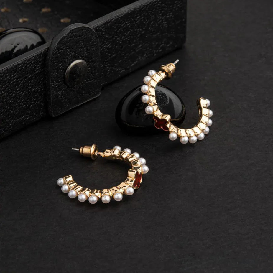 Jazbaat Four-Leaf Clover & Pearl Studded Hoop Earrings